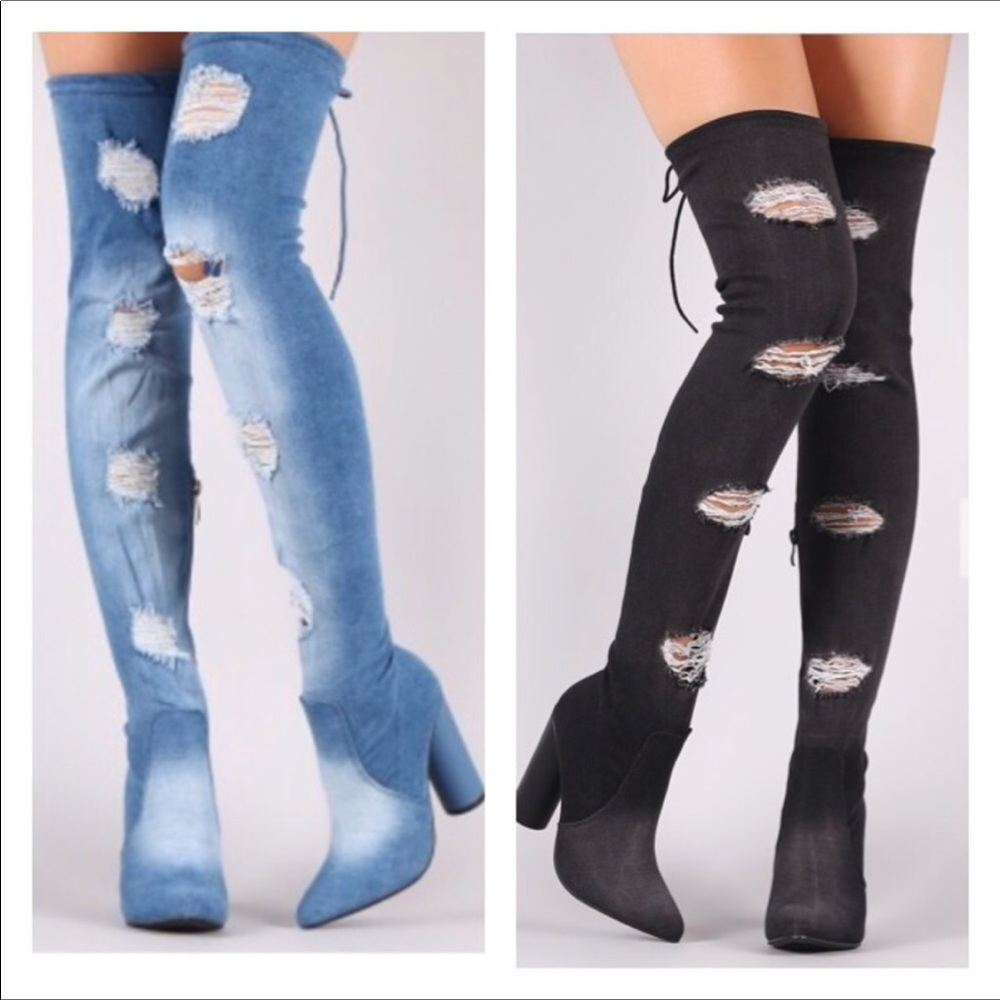 Blue denim distressed thigh high boots